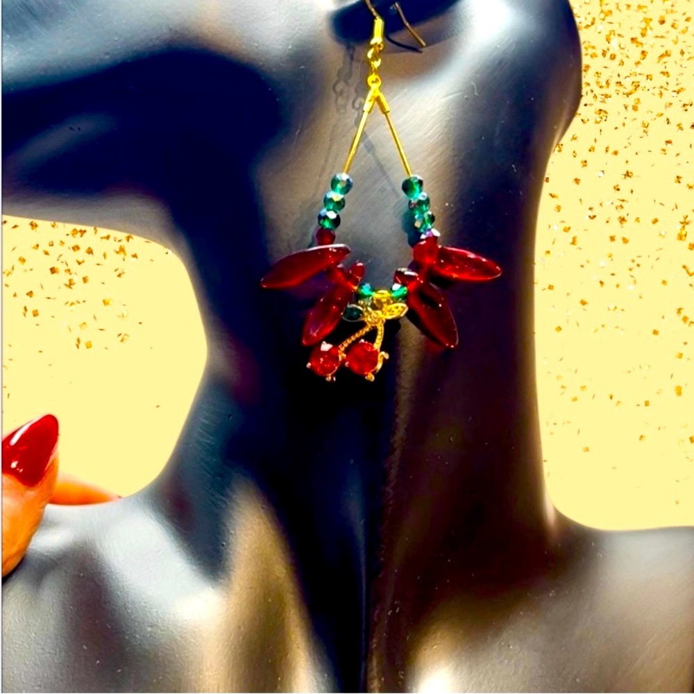 Chic Cherry 🍒 Red, Green and Gold Beaded Earrings